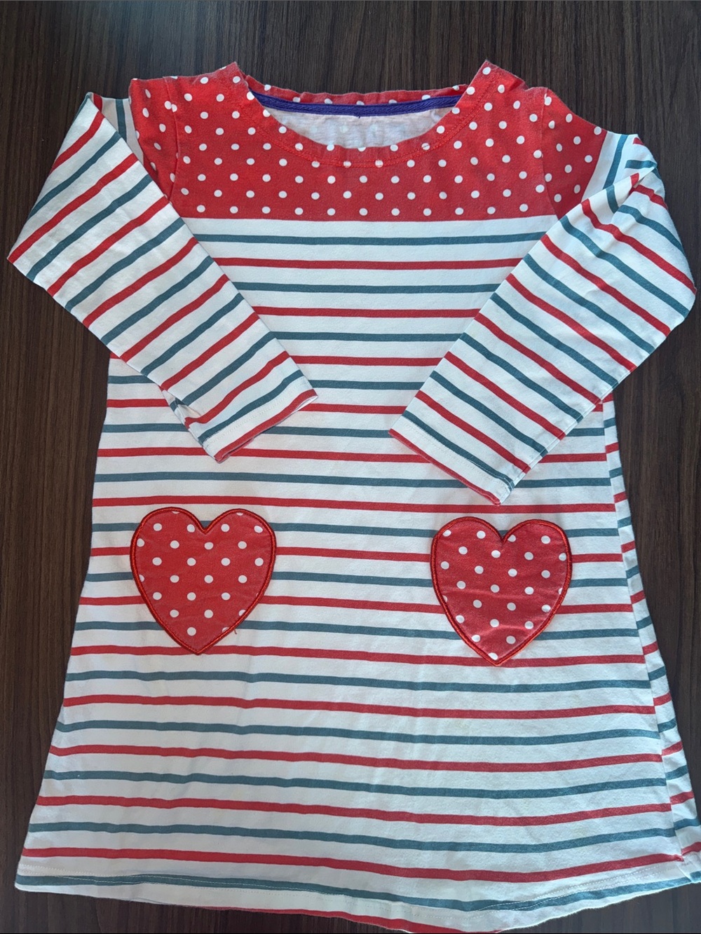 Boden Girls Red White Striped Dress with Polka Dot Hearts
